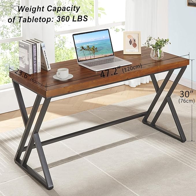 Real Wood Computer Desk Modern Natural Wood Home Office Desk Rustic Solid Wood Work Study Writing Desk Farmhouse Workstation PC Gaming Executive Table for Bedroom Brown 47 inch