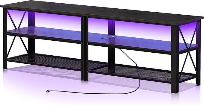 Clikuutory Modern Black 63 inch Metal TV Stand with LED Lights and Power Outlets for 40 50 55 60 65 70 Inch TVs 3 Tier Television Stands with Entertainment Center and Storage for Living Room Bedroom