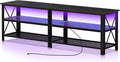 Clikuutory Modern Black 63 inch Metal TV Stand with LED Lights and Power Outlets for 40 50 55 60 65 70 Inch TVs 3 Tier Television Stands with Entertainment Center and Storage for Living Room Bedroom