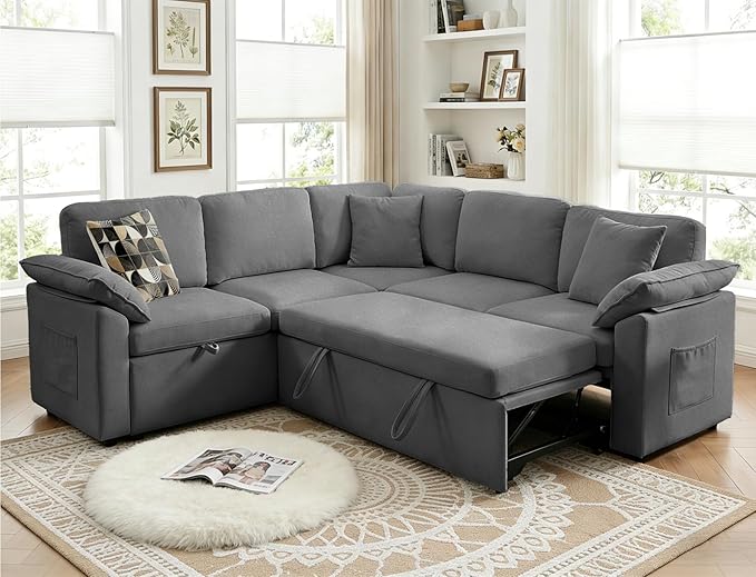 85 Modular Sectional Sofa with Pull Out Bed L Shaped Couch with Storage 5-Seater Sleeper Sofa Sectional Couches for Living Room Cloud Modular Couch with Removable Sofa Cover
