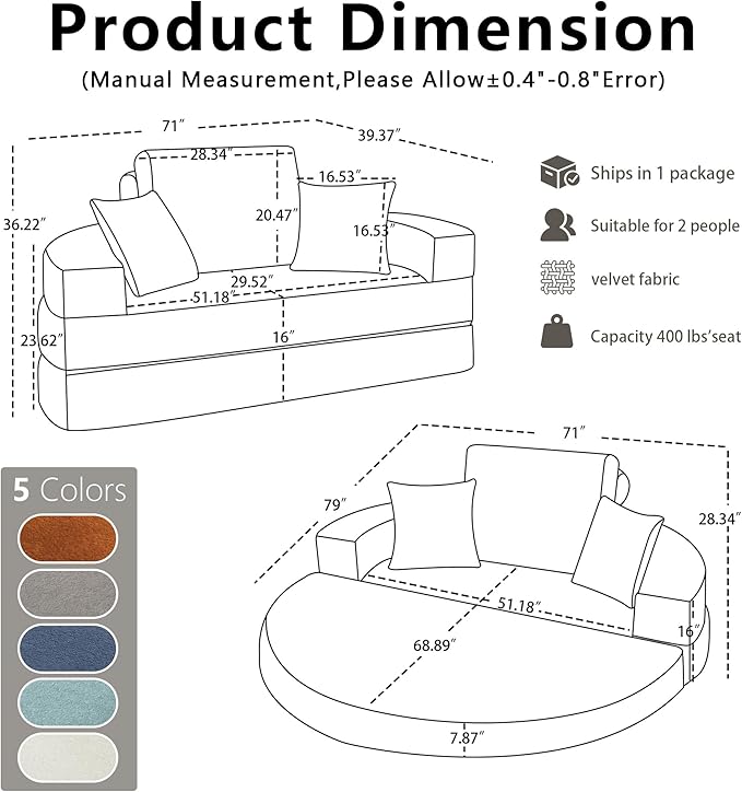 71 Boneless Sofa Bed Oversized Round Couch 2-in-1 Foldable Floor Sofa for Living Room and Apartment No Assembly (Sky Blue 71)
