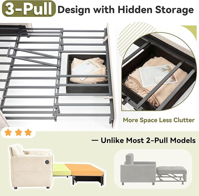 3-in-1 Sleeper Sofa Bed(87 Length)62.9 W Couch with Pull Out Bed with 6-Position Adjustable BackrestHidden Storage &amp USB for Living RoomBeige