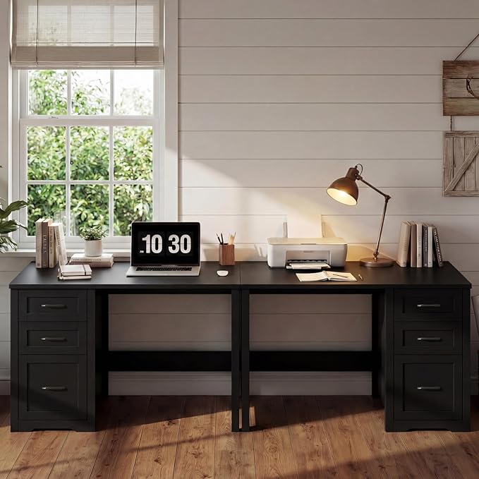 Farmhouse 47” Executive Desk with File Drawer Mutual Installation Rustic Computer Desk with 2 Storage DrawersOffice Home Workstation for Work Study Writing Black