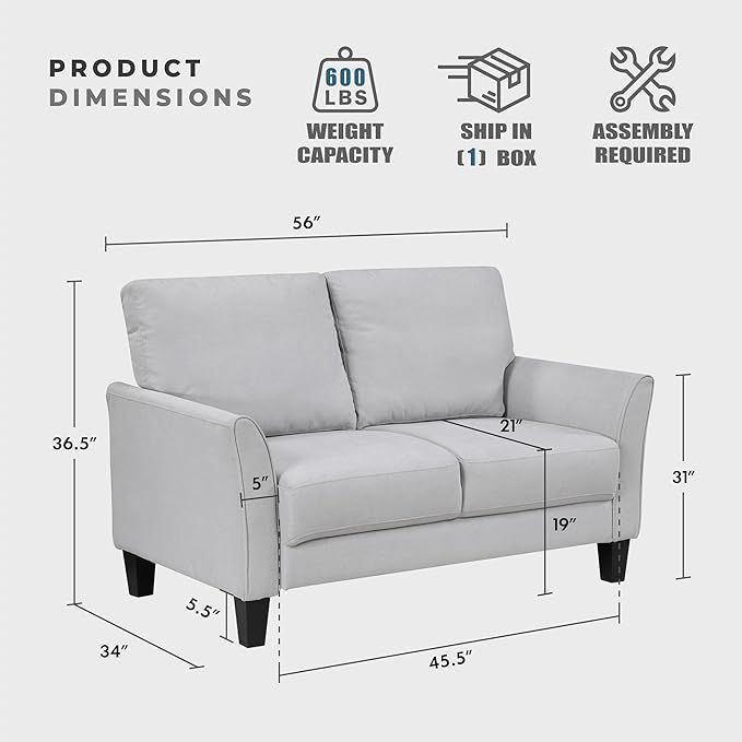 Lexicon Loveseat Living Room Sofa Couch Love Seat Couches Textured Fabric Upholstered Love Seat Sofa for Bedroom/Waiting Room/Office/Apartment 56 Loveseat Grey