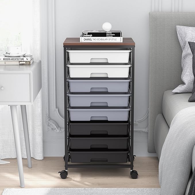 Rolling Cart with DrawersUtility Cart With 8 Drawers and Wooden Tabletop for Living RoomClassroomBedroomBathroomDormOfficeDark Grey