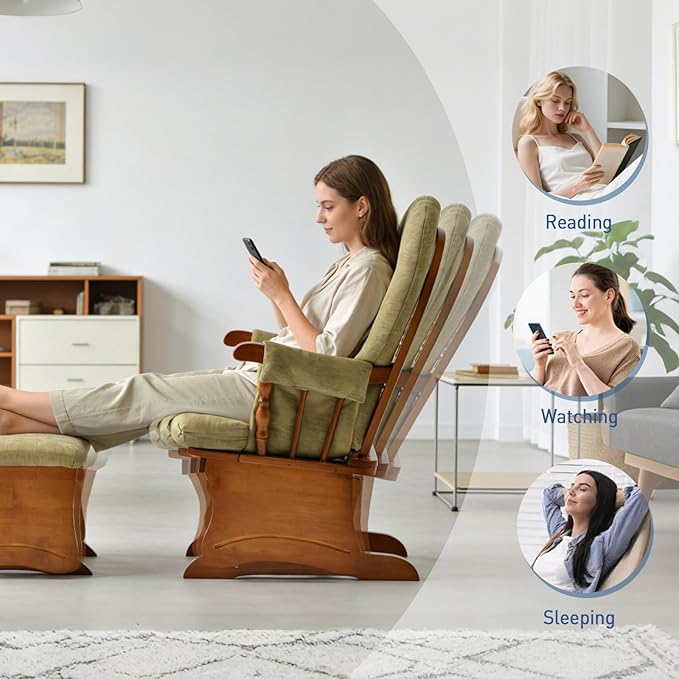 Solid Wood Glider Rocking Chair with Ottoman Set - Stylish Modern Nursery Glider Rocker with Thick Padded Cushion Smooth Gliding Motion for Living Room Nursing Reading - 280LBS Capacity Khaki