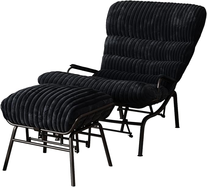 HOOOWOOO MCM Living Room Rocking Accent Chair with Ottoman SetOffice Lazy Lounge Glider Chair and Ottoman SetComfy Chair for Living Room Bedroom Office(Fur Corduroy Black)