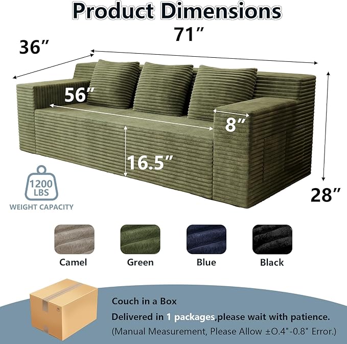71Cloud Loveseat SofaModern 2-Seater Boneless Couch with 3 Pillows &amp Side PocketSoft Corduroy Love seatCompressed FoamDeep SeatNo Assembly for Living RoomBedroomApartment(Flat HandrailGre