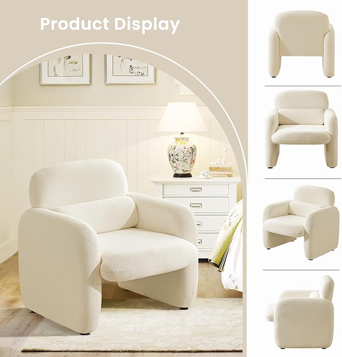 Furniliving 30.5 Accent Chair Set of 2 Modern Chenille Fabric Armchair for Living Room Comfy Upholstered Reading Accent Chairs for Bedroom Single Sofa Chair with Wood Legs White