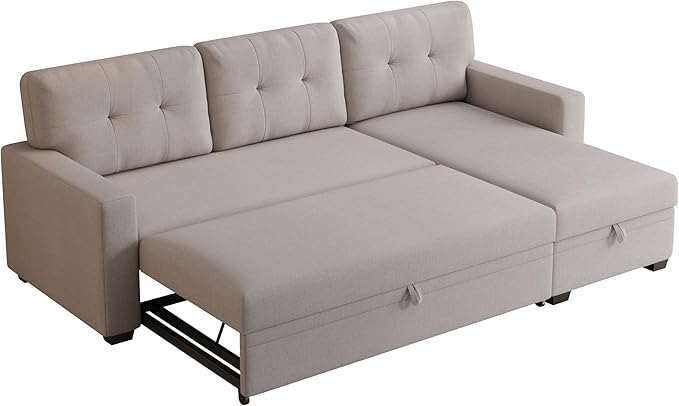 82 Sectional Small Sofa with Pull Out BedL-Shape Upholstered Sleeper Couch W/Storage ChaiseTufted Backrest Design3 Seat Linen Convertible Sofas for Living Room Apartment OfficeBeige