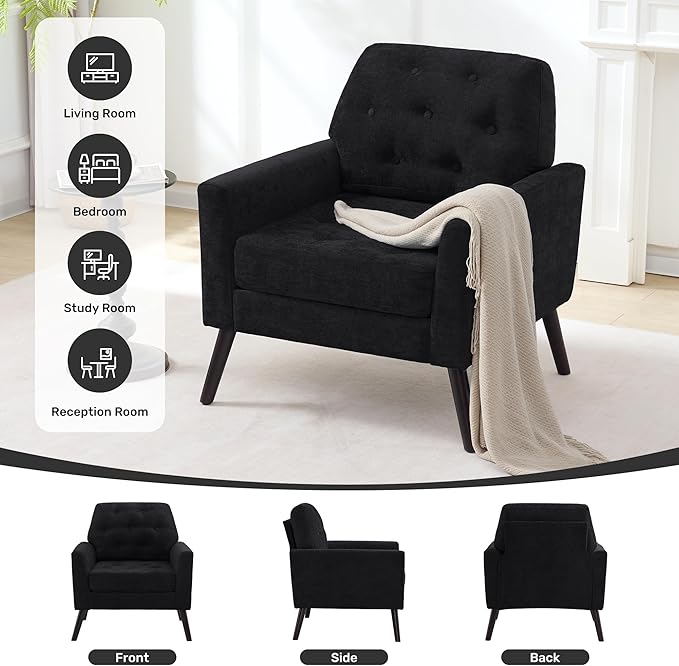 Accent Chair Set of 2 Mid Century Modern Living Room Chairs Upholstered Armchair with Tufted Back &amp Wood Legs Single Sofa Reading Side Chair for Bedroom Office Waiting Room Black