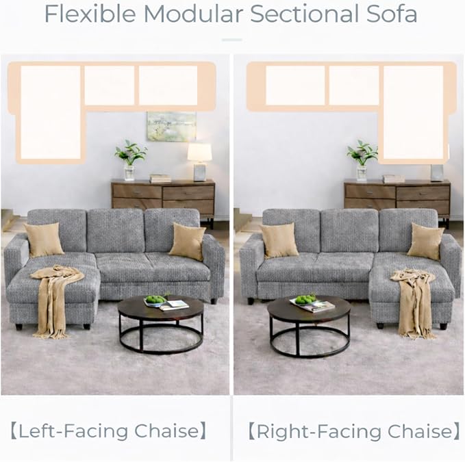 JAMFLY Pull Out Sleeper Sectional Sofa L Shaped Corduroy Couch with Hidden Storage Convertible Sofa Bed for Small Living Rooms and Apartments Light Grey
