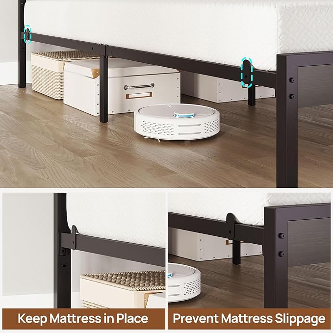 Rolanstar Full Size Bed Frame with LED Lights and Charging Station Wood Storage Headboard and Under Bed Storage Metal Platform Noise Free No Box Spring Needed Balck Oak