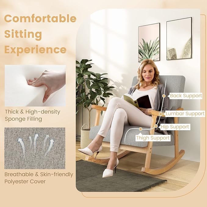 GORELAX Upholstered Rocking Chair Rocker Glide Accent Chair with Extra Back Pillow Modern Single Recliner Armchair for Living Room Nursery Bedroom (2)