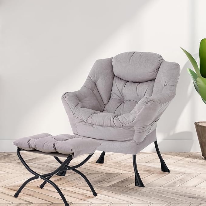 Lazy Chair with Ottoman Modern Chair with Folding Footrest Lounge Accent Chair Comfortable Reading Chair Oversized Armchairs for Bedroom Study Living Room Courtyard (Light Grey)