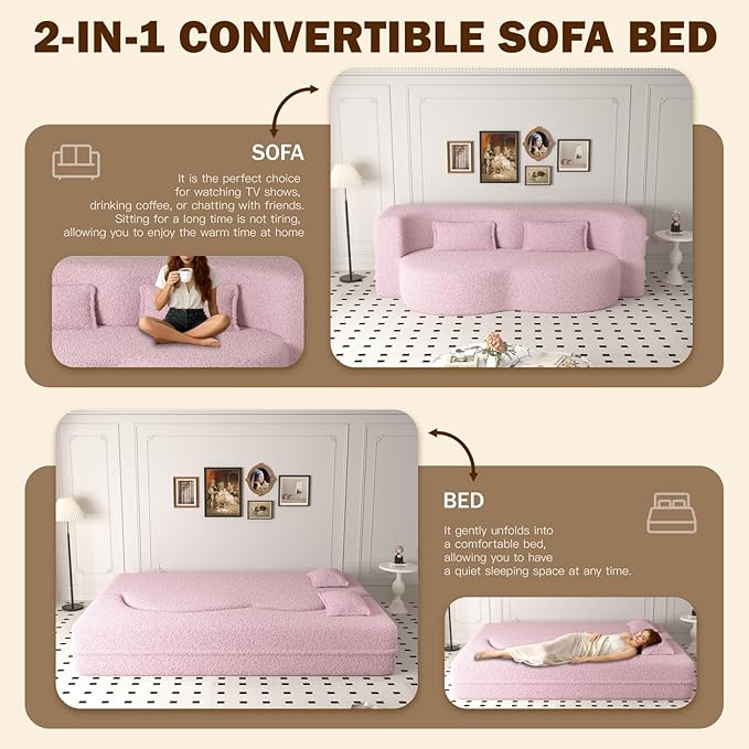 Newfun 78 Convertible Sofa Bed 2 in 1 Folding Couch Bed Futon Sofa Bed with Two Pillows Loveseat Sofa for Living Room Bedroom Lounge Compressed Modern Sofa No Assembly Required (Pink)