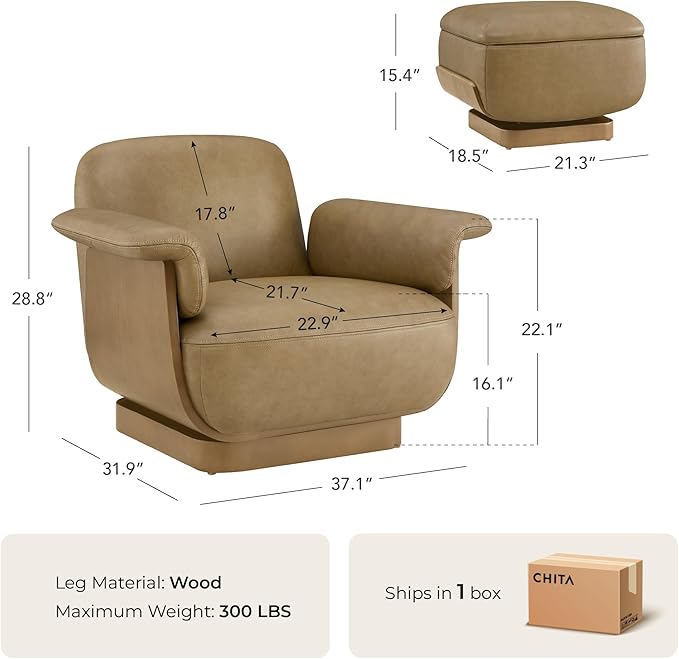 CHITA Genuine Leather Swivel Chair with Storage Ottoman Modern Living Room Accent Chair with Lounge Seat for Bedroom Office Mocha