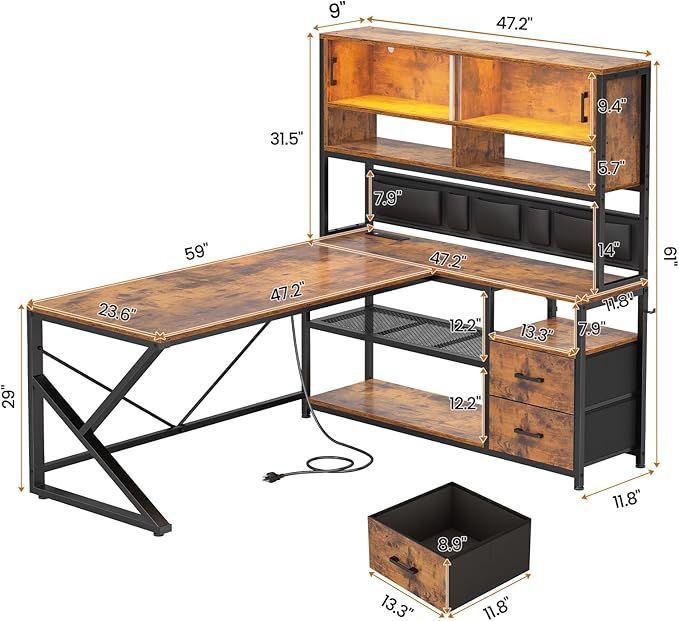 SEDETA L Shaped Computer Desk Home Office Desk with 2 Drawer and Bookshelf L Shaped Gaming Desk with LED Light Glass Cabinet and Storage Bag Corner Desk with Storage Shelves Rustic Brown