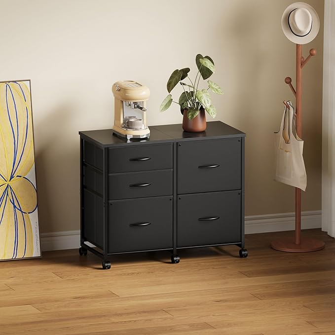 Lateral File Cabinet with 5 Drawers Rolling Filing Cabinets Under Desk Storage Printer Stand with WheelsMobile File Cabinet for Home OfficeBlack