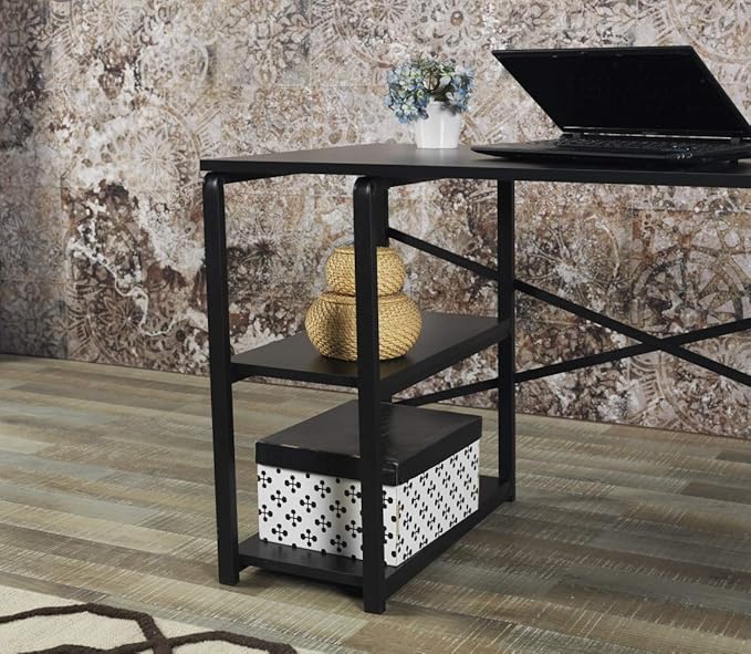 Sage Black Metal &amp Wood Desk - 47 Writing Desk with 2 Shelves Home Office Desk