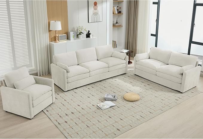 3-Piece Cozy Upholstered Sofa Set Upholstered Sofa Set with Single Sofa Loveseat and 3-Seater Sofa Oversized Comfy Cloud Sofa for Living Room Office Apartment (Beige-4c)