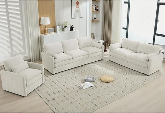 3-Piece Cozy Upholstered Sofa Set Upholstered Sofa Set with Single Sofa Loveseat and 3-Seater Sofa Oversized Comfy Cloud Sofa for Living Room Office Apartment (Beige-4c)