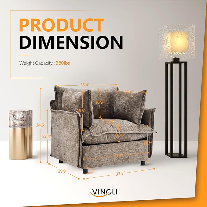 VINGLI 34 Oversized Accent Chairs Set of 2 Light Brown Reading Chair Upholstered Armchair Soft Chenille Fabric Living Room Chairs Sofa for Adults Bedroom Home Office Play Room