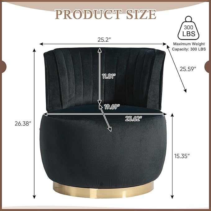 Velvet Swivel Barrel Chair Modern Upholstered Accent Chair 360° Swivel Round Lounge Chair with Gold Metal Base Comfy Arm Chair Sherpa Chair for Nursery Living Room Bedroom Club Office Black
