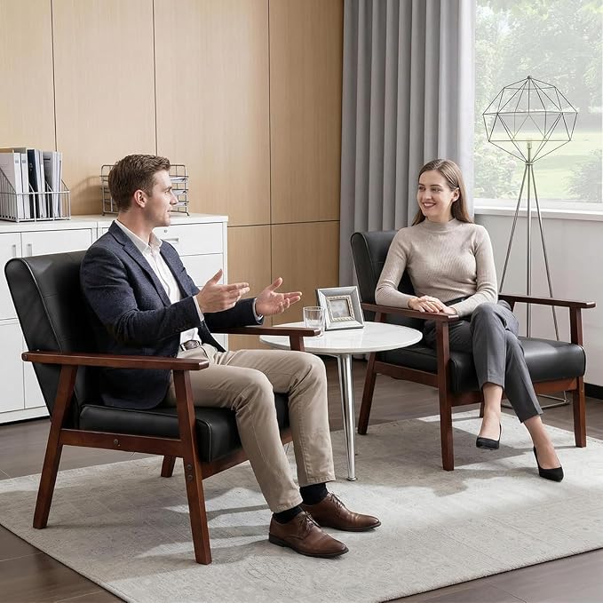 JIASTING Mid-Century Retro Modern Leather Accent Chair Set of 2 Wooden Arm Chair Upholstered Tufted Back Lounge Chairs for Office Living Room