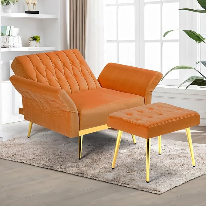 Velvet Accent Chair with Adjustable Backrest and Armrests Single Recliner Armchair with Ottoman and Golden Mental Legs for Living Room Bedroom and Waiting Room Orange