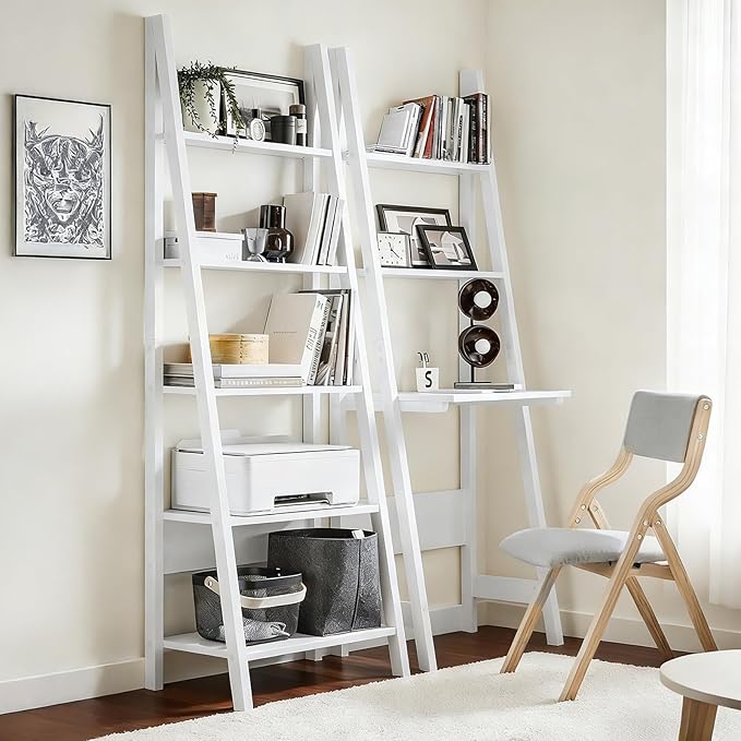 Ladder Desk with Shelves - Compact Slim White Desk with Storage for Small Spaces Modern Home Office Workstation Desk Freestanding Narrow Writing Desk with Open Shelves White FRG60