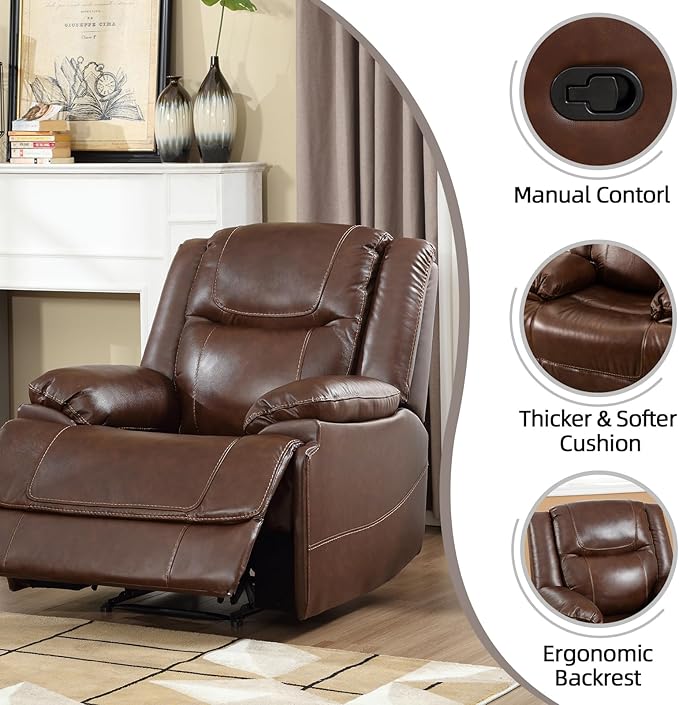 EBELLO Genuine Leather Manual Recliner Chair Reclining Sofa Chair Couch for Living Room Bedroom Furniture Meeting Room Brown