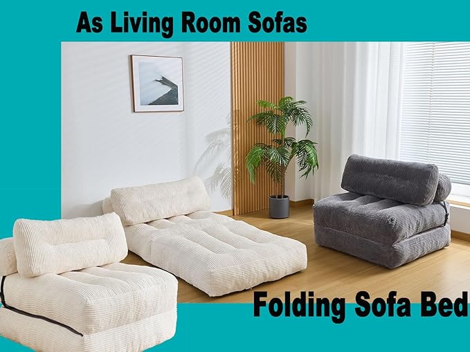 Folding Sofa Bed Convertible Sleeper Chair Couch Bed Faux Rabbit Fur for Adults with Back Support Floor Couch Comfy Floor Sofa for Living Room Bedroom Ivory Single