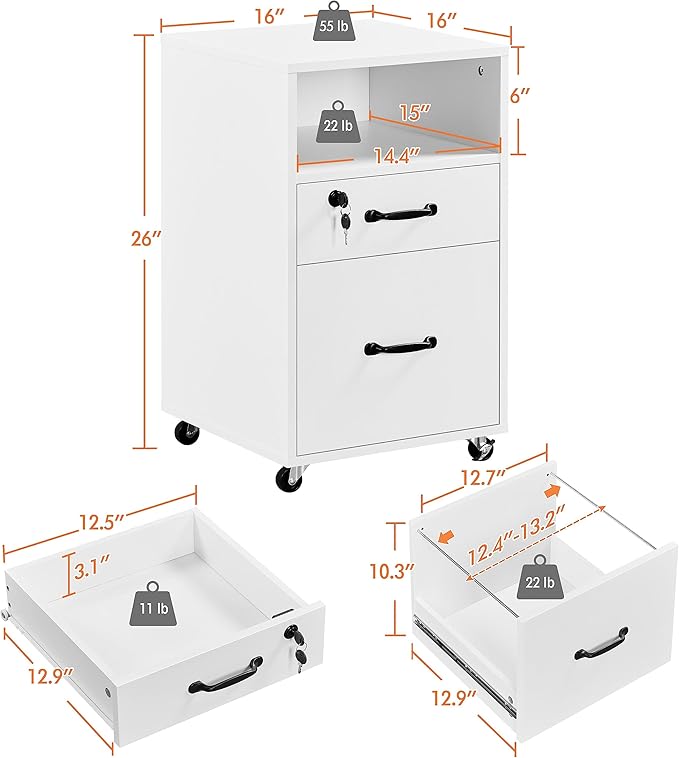 Topeakmart File Cabinet 2-Drawer and 1-Open-Shelf Rolling Filing Storage Printer Stand with Wheels Lock for A4/ Legal/Letter 16″ L×16″ W × 26″ H White