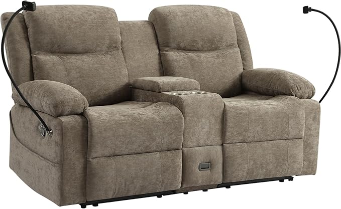 Manual Reclining Loveseat Sofa with Console Chenille Upholstered Couch for RV Living Room Apartment or Office Dual Recliners with Cup Holders Phone Holder Hidden Socket (Camel)