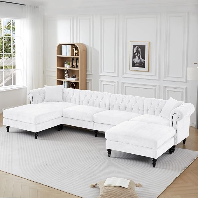 ORRD U Shaped Chesterfield Sofa Oversized Sectional Linen Couch Chaise Ottoman Sofa Upholstered Accent Tufted Couch with Rolled Armrest and Nailhead Design for Living Room Office - White