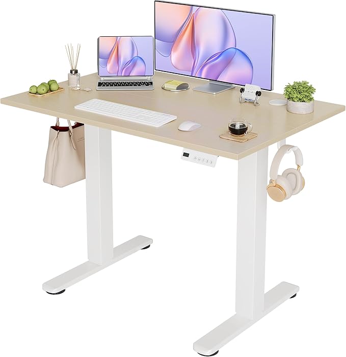 YDN Electric Standing Desk Adjustable Height Stand up Desk 40 x 24 Inches Sit Stand Home Office Desks White Frame/Nature Top