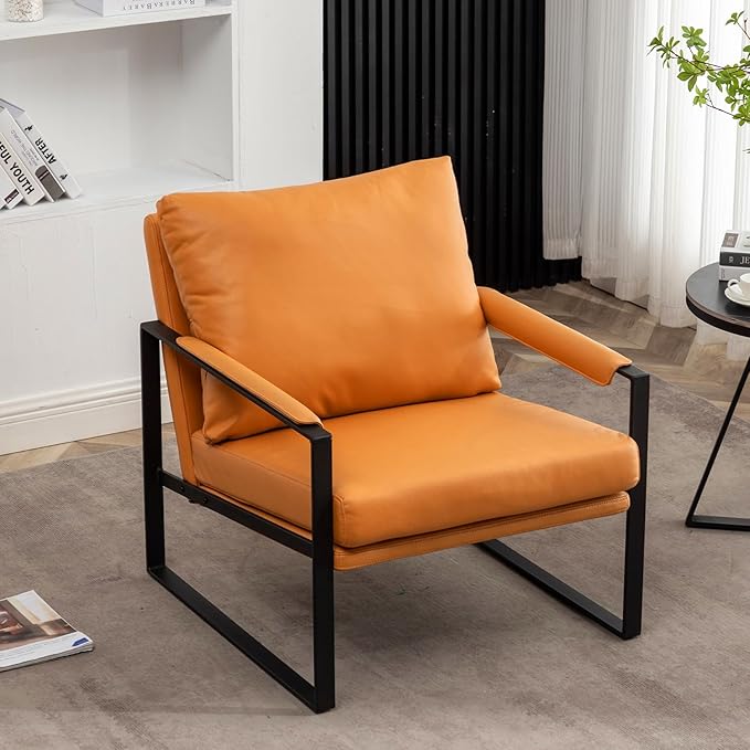 UNICOO Faux Leather Metal Frame Accent Chair - Modern Accent Chairs for Living Room Bedroom or Office - Armchairs Living Room Chairs Leisure Chair Reception Chair (ZKL-239K-CM Hermes Orange)