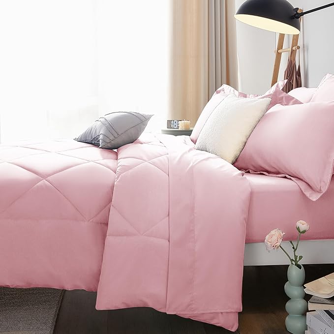 CozyLux King Size Comforter Sets Pink - 7 Pieces Bed in a Bag King Luxury Soft Bed Set for All Seasons Bedding Set with Down Alternative Comforter Sheets Pillowcases &amp Shams