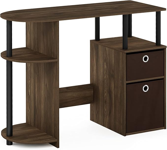 Furinno JAYA Desk 38.4 Wide Gaming Desk with Bin Drawers Computer Desk with Side Shelf Office Desk for Study Home Office Bedroom Dorm Study Room Columbia Walnut