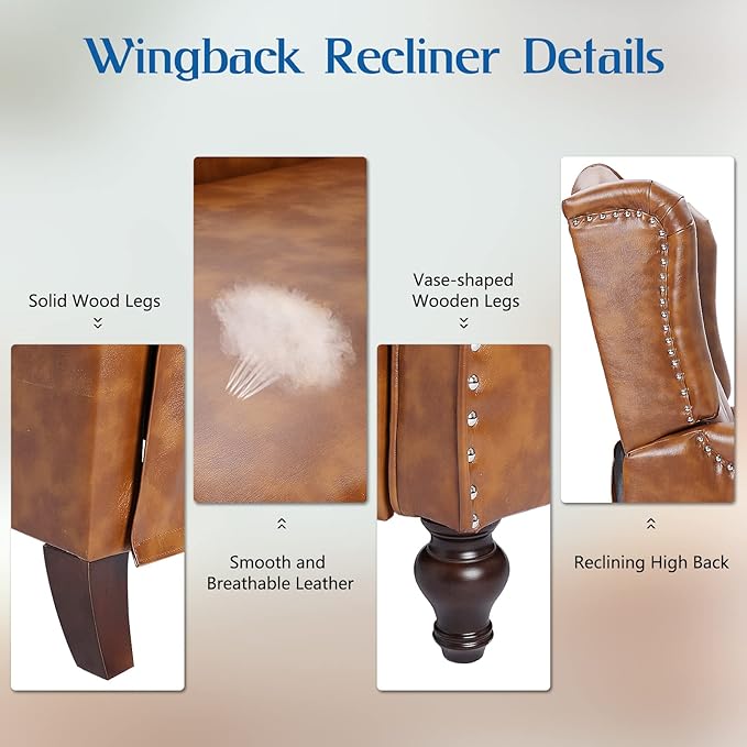 Wingback Recliner Chair with Heat and Massage PU Leather Push Back Recliner Chair for Living Room Vintage Wingback Recliner with Remote ControlPadded CushionBackrestWooden Legs