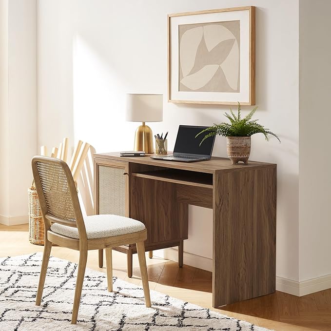 mopio Haylee Boho Farmhouse Writing Desk with Natural Rattan Exterior Door Ample Storage Adjustable Shelves for Study Vanity Makeup &amp Work in Bedroom Home Office