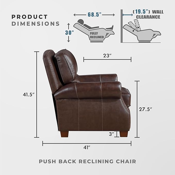 Lexicon Push Back Reclining Chair Top Grain Leather Match Push Back Recliner Chair with Nailhead Trim Rolled Arms Solid Wood Legs for Living Room/Apartment/Office Easy Assembly Brown