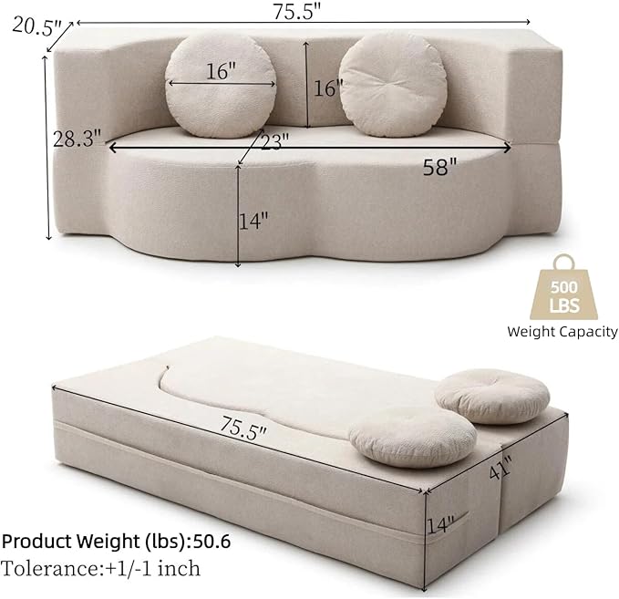 76 Convertible Folding Sofa Bed 2-in-1 Twin Size Loveseat Sleeper Couch Bed with Two Pillows Foldable Space-Saving | Design for Dorms Apartments Bedroom&amp Living RoomNo Assemble(Khaki)