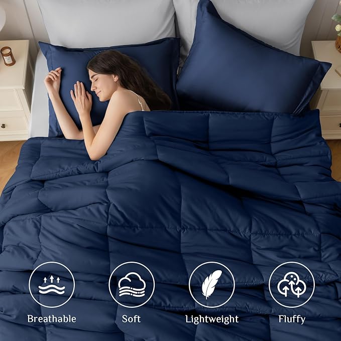 JOLLYVOGUE California King Comforter Set Ultra-Soft Cal King Size Comforter Sets 7-Piece Bed in a Bag Goose Down Alternative Oeko-TEX Certified Sheets &amp Pillowcases Navy Blue &amp Light Gre