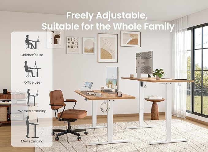 BANTI 55 × 28 Inches Standing Desk Ergonomic Electric Height Adjustable Sit and Stand Up Computer Desk with a Deeper Desktop White Frame/Light Rustic Top