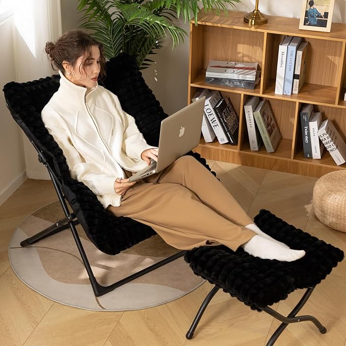 HollyHOME X-Large Saucer Chair with Foldable Ottoman Comfy Oversized Folding Chair and Folding Footrest Stool Set Faux-Fur Reading Chair and Footstool for Living Room Bedroom Black Chair&ampStool