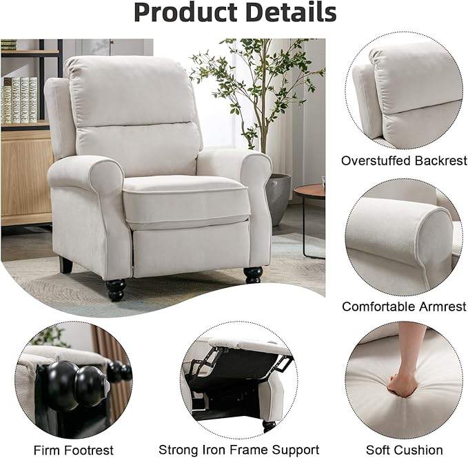 Push Back Recliner Chair Fabric Armchair Overstuffed Pushback Recliner Heavy Duty Single Sofa Chair with Padded Seat Solid Wood Legs for Living Room (White)