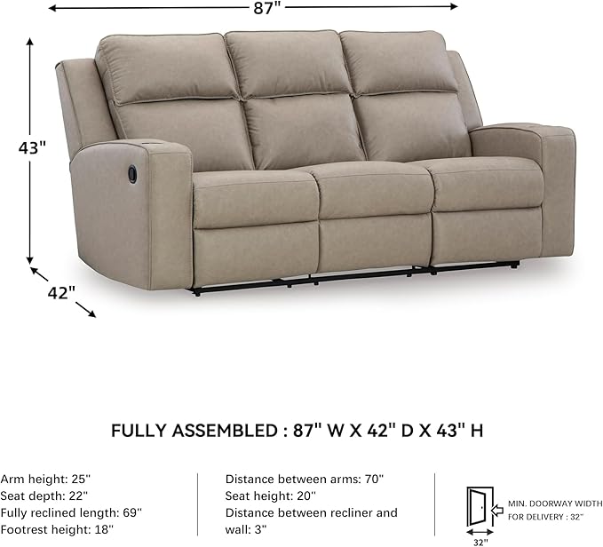 Signature Design by Ashley Lavenhorne Contemporary Faux Leather Manual Reclining Sofa with Drop Down Table Cup Holders and USB Ports Beige