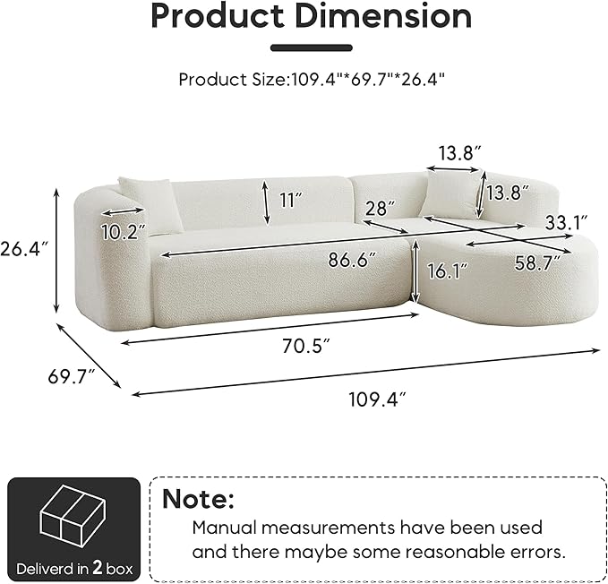 Oversized Sectional Sofa with Chaise with 2 Throw Pillows 109 Modern Luxury Chenille Sofa Extra Deep Seat L-Shape Curved Cloud Couch for Living Room (Right Facing Chaise Beige)